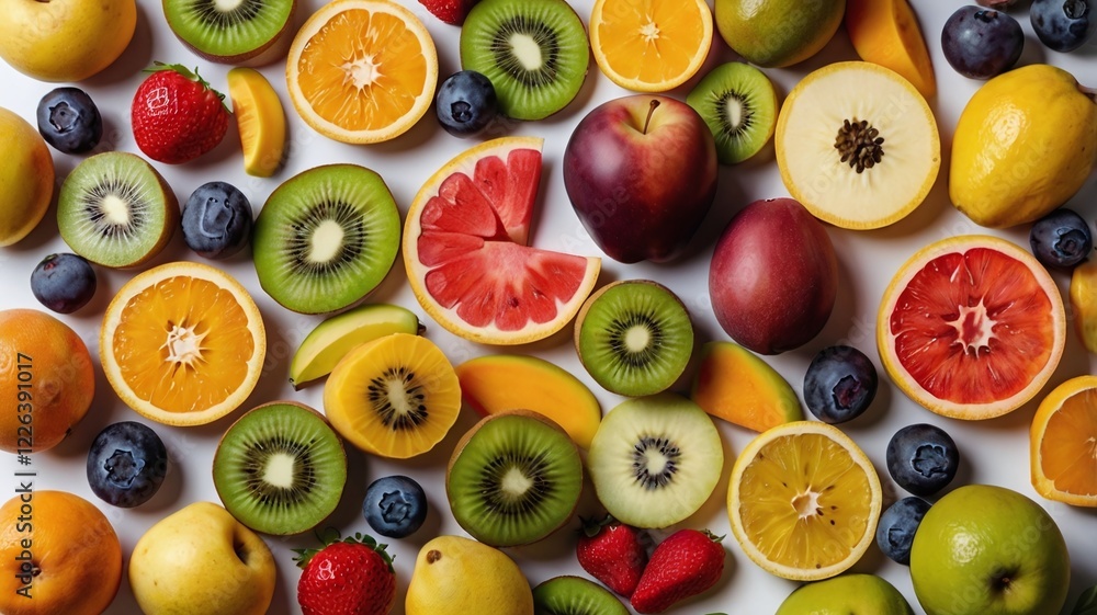 Creative layout made of fruits. Flat lay. Plum, apple, strawberry, blueberry, papaya, pineapple, lemon, orange, lime, kiwi, melon, apricot, pitaya, mango and carambola on the white background. Creative layout made of fruits. Flat lay. Plum, apple, strawberry, blueberry, papaya, pineapple, lemon, orange, lime, kiwi, melon, apricot, pitaya, mango and carambola on the white background.