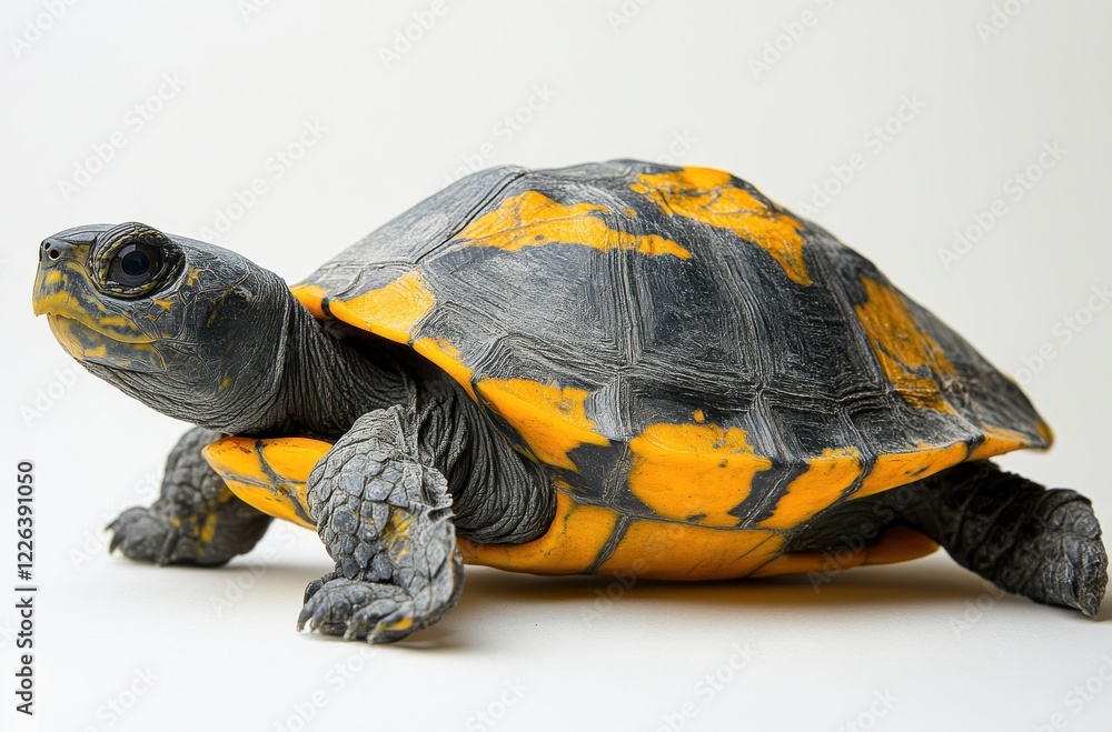 Fototapeta premium Vibrant Yellow and Gray Tortoise on Neutral Background Displaying Unique Shell Patterns and Features in a Captivating Angle