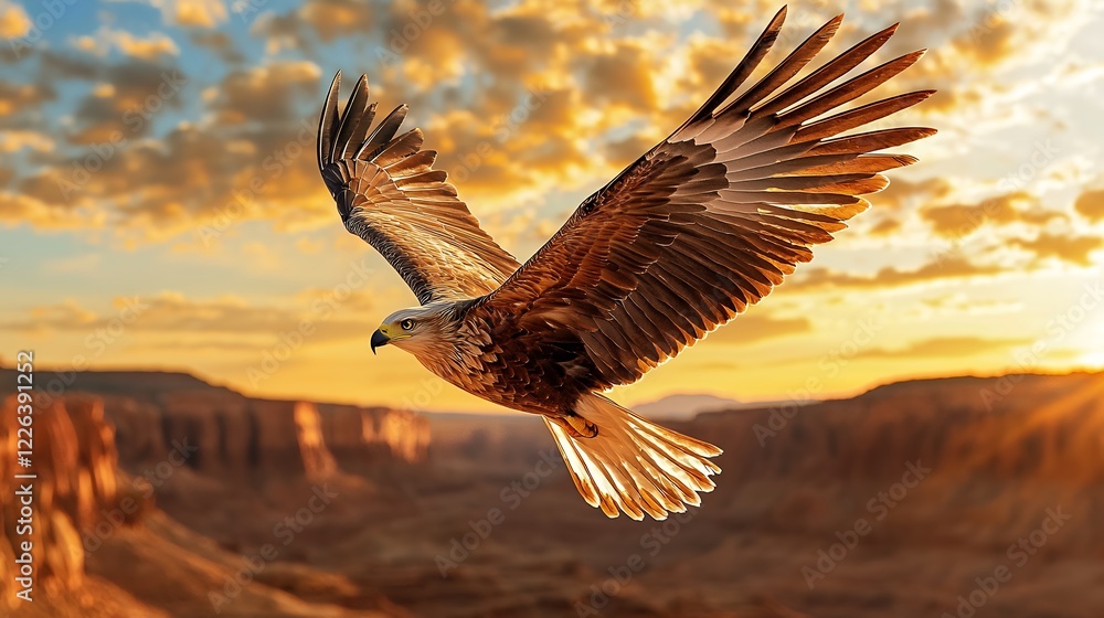 Naklejka premium Majestic Eagle Soaring Over Dramatic Canyon at Sunset, Wings Outstretched in Golden Light