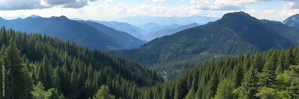 Hiker standing in mountains and forests with scenic view of Pyrenees, forests, adventure, panorama Hiker standing in mountains and forests with scenic view of Pyrenees, forests, adventure, panorama