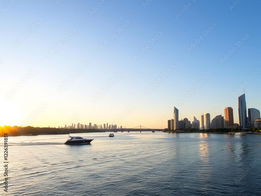 Idyllic river scenery with boats in the middle of Brisbane city, afternoon, river, destination Idyllic river scenery with boats in the middle of Brisbane city, afternoon, river, destination