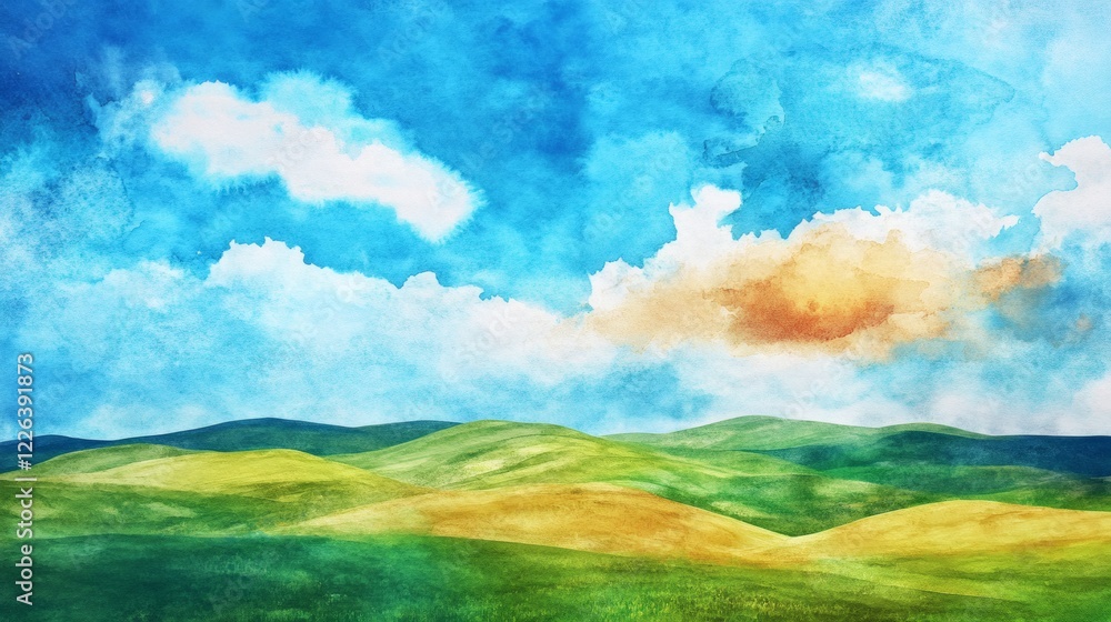 Serene Watercolor Landscape Rolling Hills Under a Summer Sky Serene Watercolor Landscape Rolling Hills Under a Summer Sky