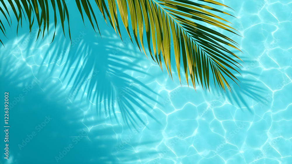 Fototapeta premium A vibrant tropical scene with a palm tree frond casting a captivating shadow on a sparkling blue water surface
