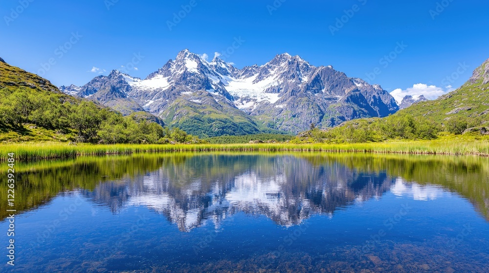 Mountain lake reflection, summer landscape, scenic view, travel postcard Mountain lake reflection, summer landscape, scenic view, travel postcard
