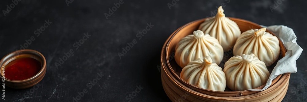 Obraz premium Momos food arranged on a white plate with spicy dipping sauce, Tibetan, Asian, steamed