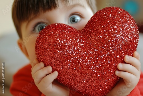 Ð¡hildren valentine's day greeting card: child boy with amazed face holds red heart in hands. Commercial promotion visual idea. Sign of love. Red heart kids' theme. Kids sharing love. photo