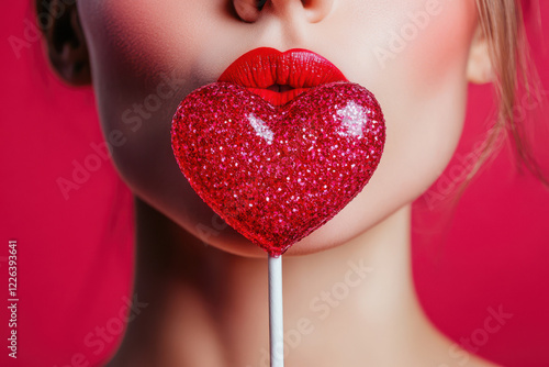 Close up of a woman with red lipstick and a valentine heart lolly