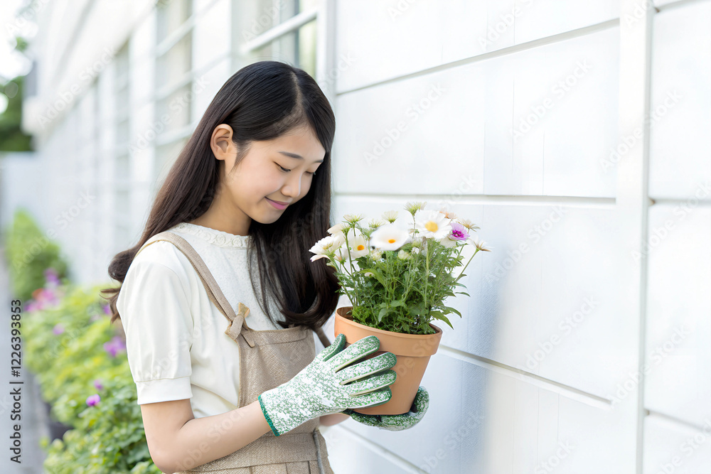 Japanese girl holding a pot of flowers Japanese girl holding a pot of flowers