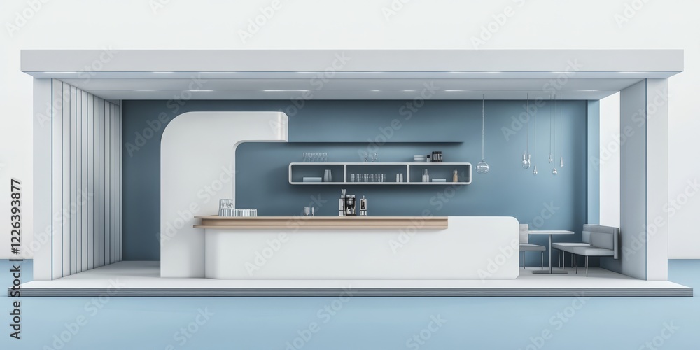 Modern minimalist cafe interior design with white counter, blue walls, and simple furniture. Modern minimalist cafe interior design with white counter, blue walls, and simple furniture.
