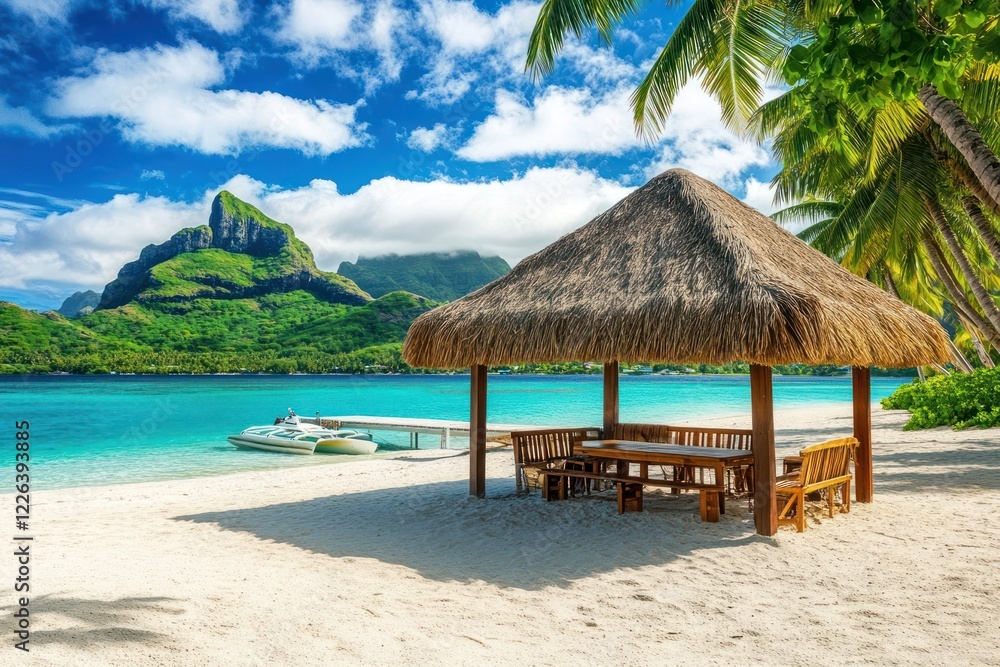 Tropical beach hut, turquoise water, mountain view, relaxing vacation Tropical beach hut, turquoise water, mountain view, relaxing vacation