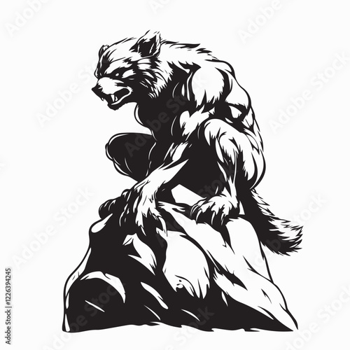Ferocious wolf monster sits on a large rock while stalking its prey image vector isolated on white background.
