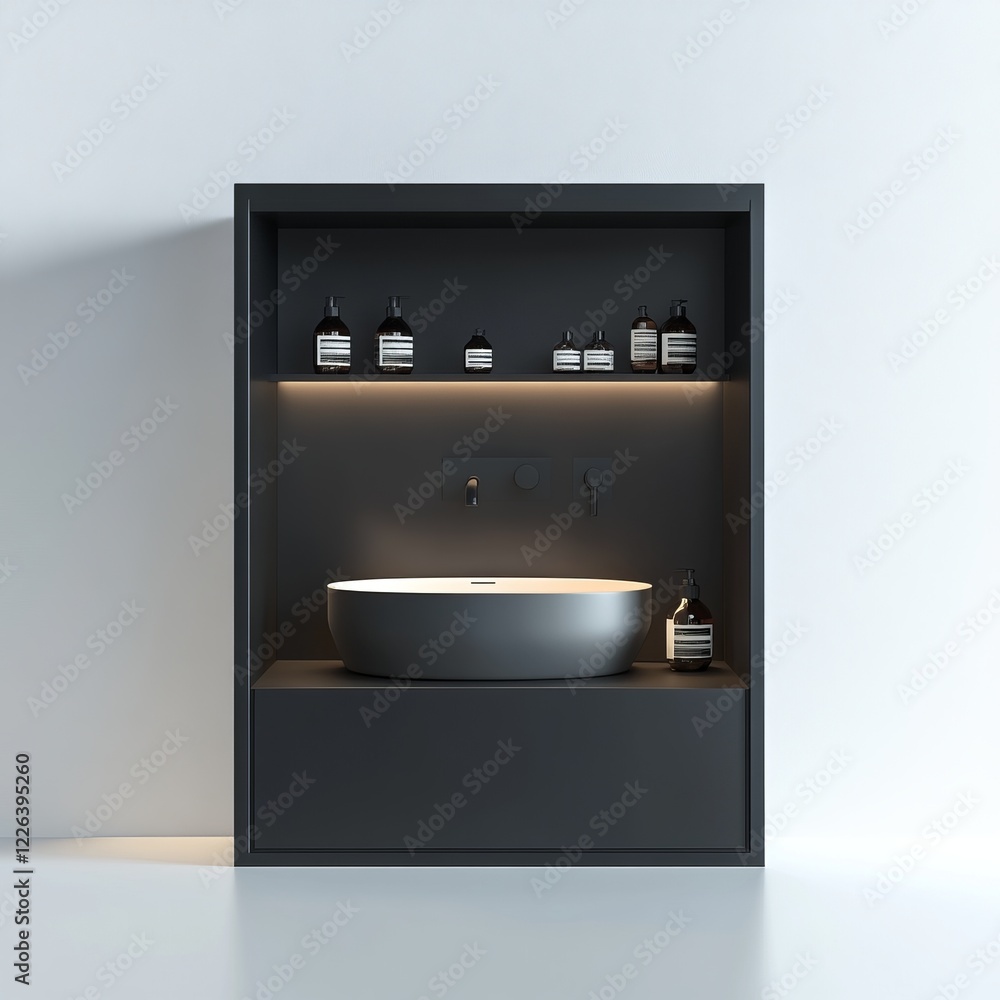 Minimalist dark grey bathroom vanity with integrated sink, shelf, and LED lighting. Minimalist dark grey bathroom vanity with integrated sink, shelf, and LED lighting.
