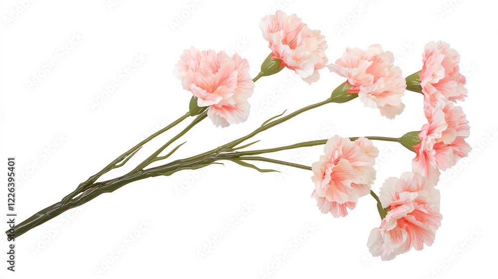 Fototapeta premium Beautiful pink carnation flowers arranged on a stem, perfect for decoration or floral designs, isolated on a white background.