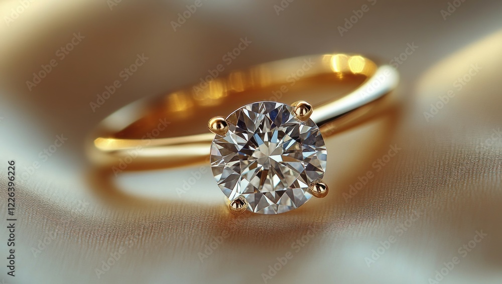 Gold Engagement Ring with Large Diamond in Solitaire Style on Silky Fabric Gold Engagement Ring with Large Diamond in Solitaire Style on Silky Fabric