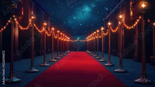 Hollywood Film Scene: Red Carpet, Starry Sky, and Vintage Lighting in Classic Cinematic Style