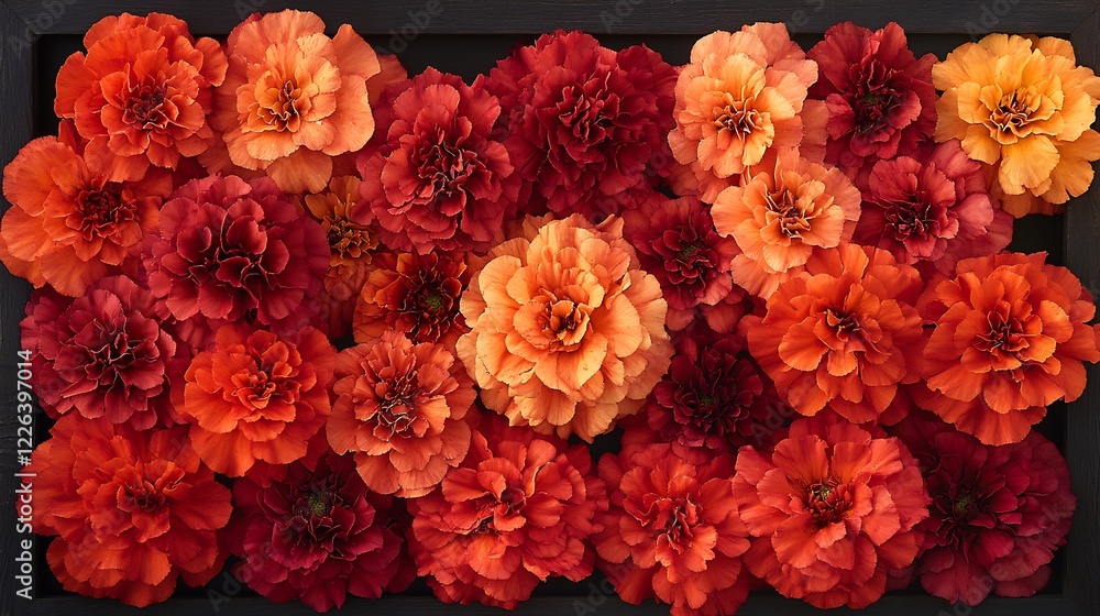 Obraz premium Vibrant orange red flowers densely arranged flat lay warm light. AI Generated