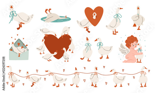Geese and love. Set of geese, ribbon heart. Valentine's day, flat vector illustration, eps10