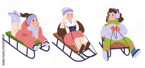 Three girls on a sled. Active outdoor activities in winter. Set of three illustrations.  Flat vector illustration. Eps10