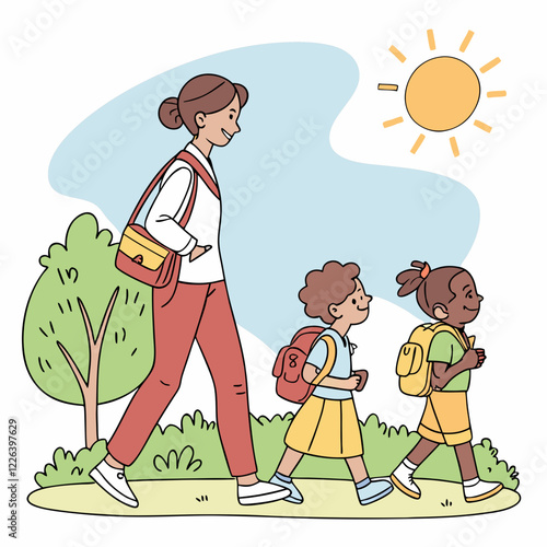 Morning Walk to School: A Happy Family Scene