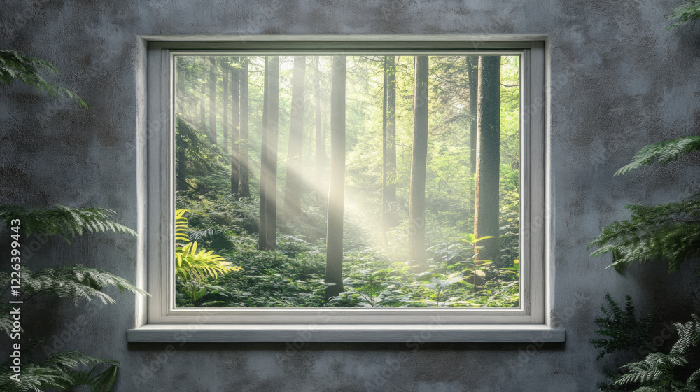 Fototapeta premium Forest window view scenery nature landscape green tree view window decor wallpaper