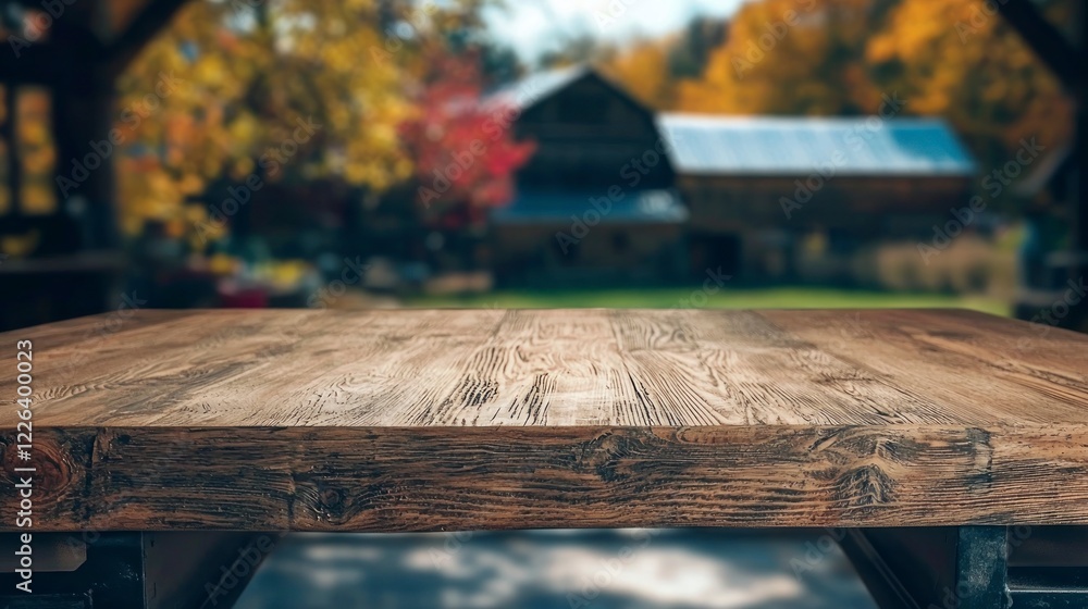 Fototapeta premium Rustic Wooden Tabletop Fall Barn Background Autumn Scene Product Display