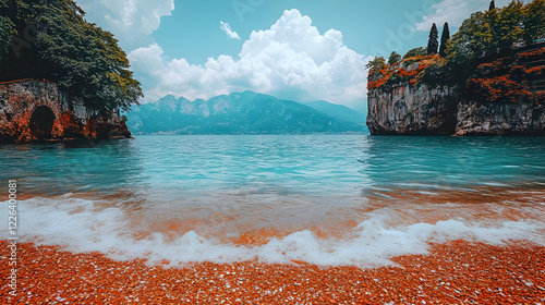 Lake Como shoreline, waves, mountains, idyllic travel photo