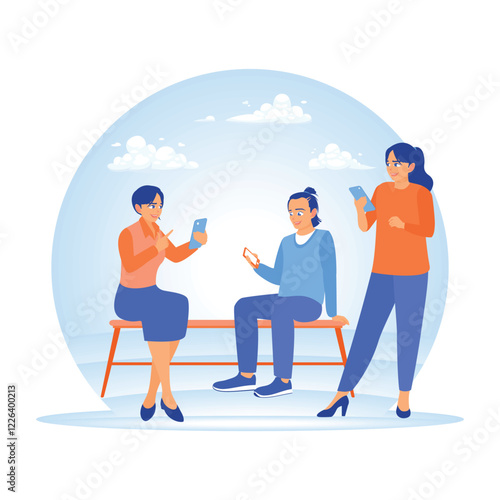 A group of young people using smartphones outdoors on a sunny day.