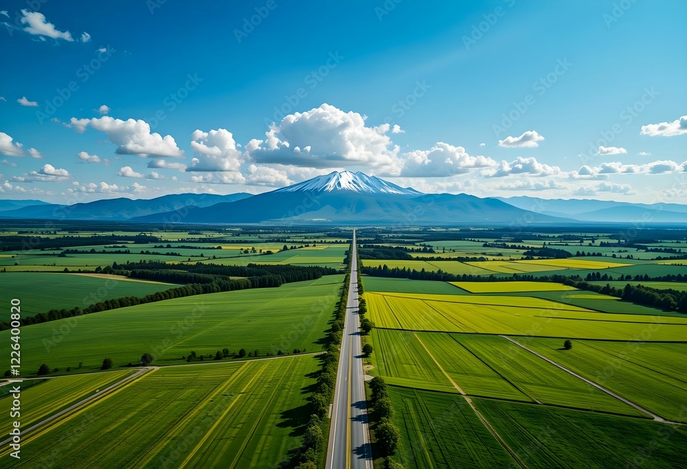 Fototapeta premium Aerial View of Scenic Road Leading to Snow-Capped Mountain