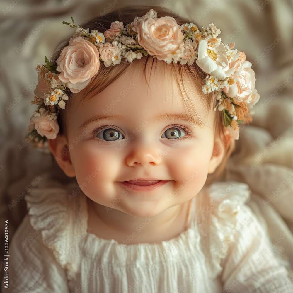 A cheerful baby wearing a floral headband, symbolizing innocence and joy. Perfect for parenting, family, and care ads. A cheerful baby wearing a floral headband, symbolizing innocence and joy. Perfect for parenting, family, and care ads.