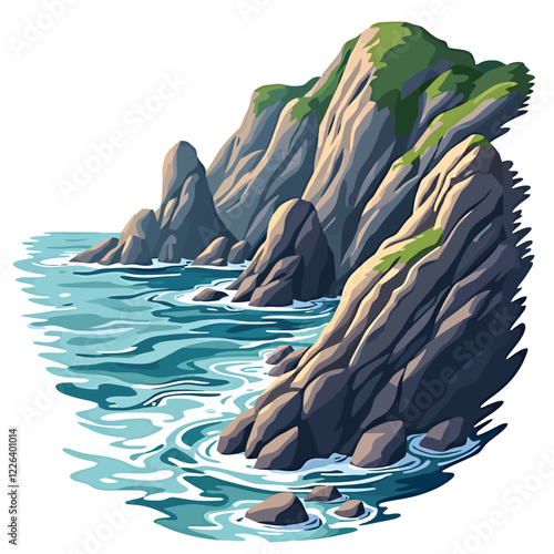 a rocky coastline with a small island in the middle