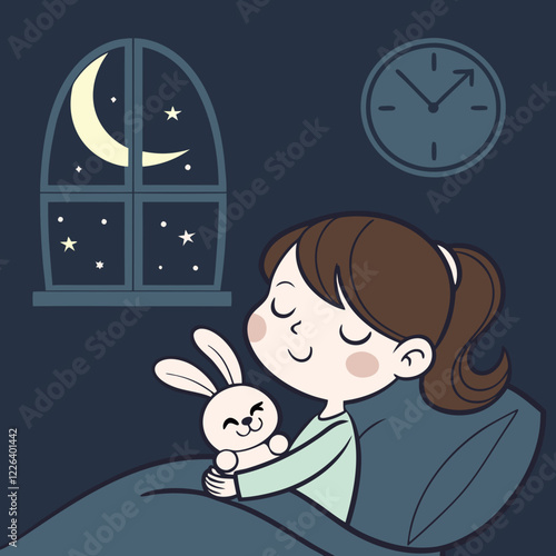 Sweet Dreams: Girl Sleeping with Bunny Toy Under Night Sky