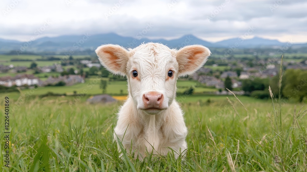 Calf in field, rural village background, idyllic farm scene Calf in field, rural village background, idyllic farm scene