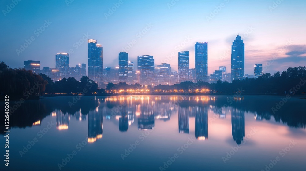 Obraz premium Cityscape reflection in calm lake at dawn.