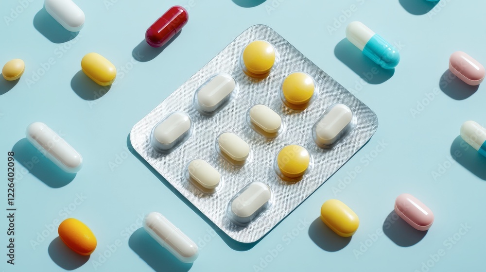 Assorted Pills and Capsules on Light Blue Background: A Healthcare and Medical Image Assorted Pills and Capsules on Light Blue Background: A Healthcare and Medical Image
