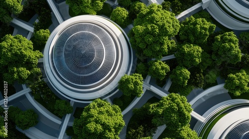 clean energy  solar marketing concept. Aerial view of futuristic buildings surrounded by lush green trees.