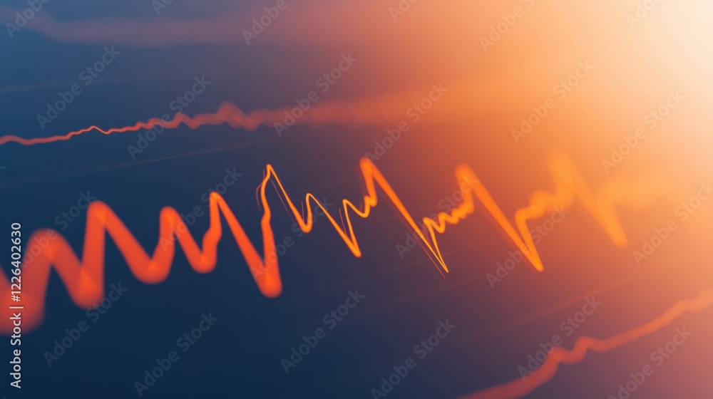 Εκτύπωση καμβά Abstract image of wavy lines resembling sound waves, illuminated by a warm glow, suggesting motion and energy in a digital context