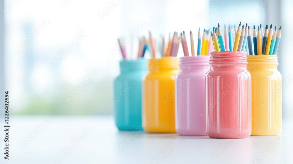Colorful pencils in jars on desk, bright background, classroom supplies, for education websites Colorful pencils in jars on desk, bright background, classroom supplies, for education websites