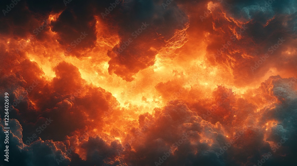 Fototapeta premium Fiery orange clouds dramatically form bat silhouette intense night sky. AI Generated