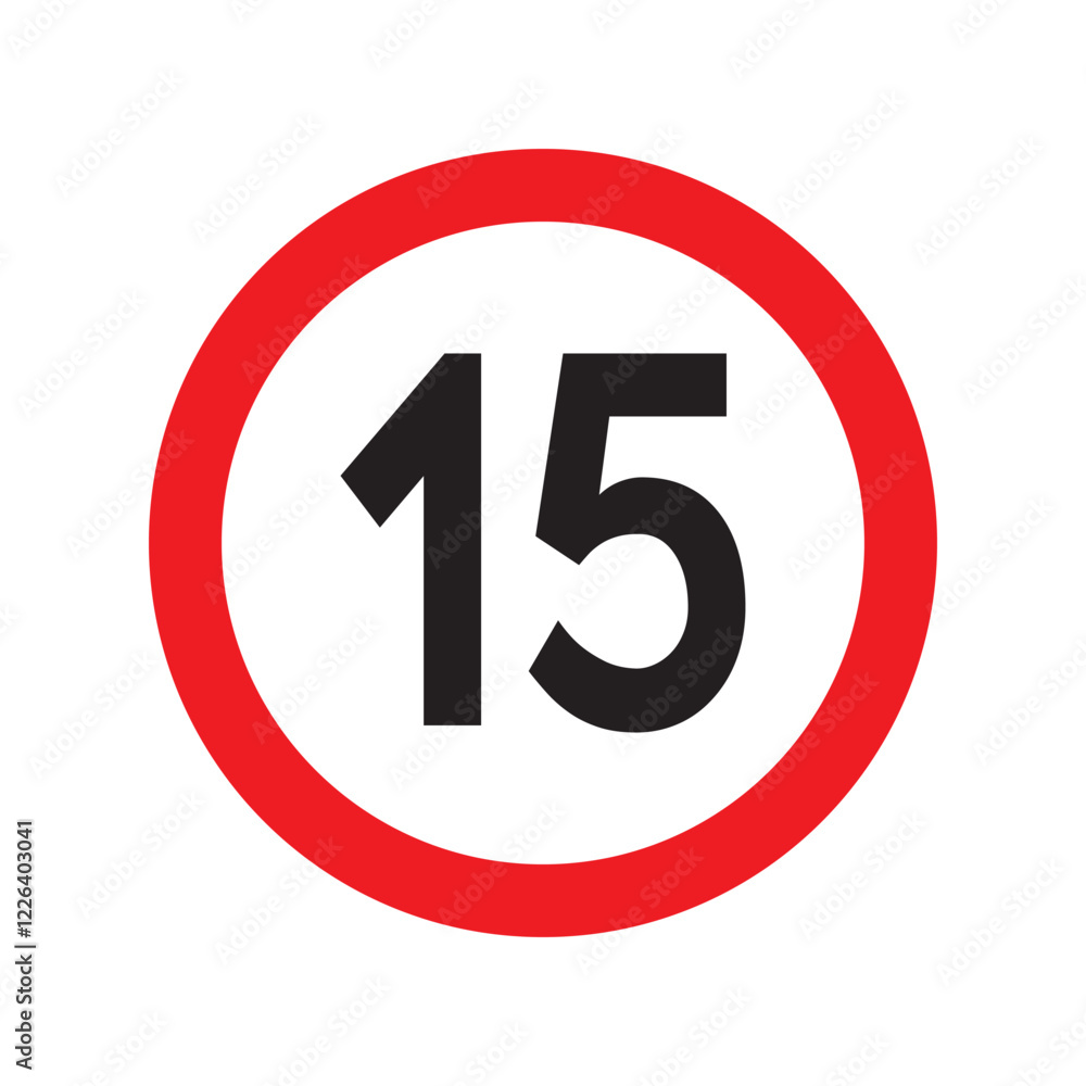 Speed limit 15 traffic sign. Restriction symbol for car drivers. Road speed limit maximum 15 kmh or mph isolated on white background. Vector illustration. Speed limit 15 traffic sign. Restriction symbol for car drivers. Road speed limit maximum 15 kmh or mph isolated on white background. Vector illustration.