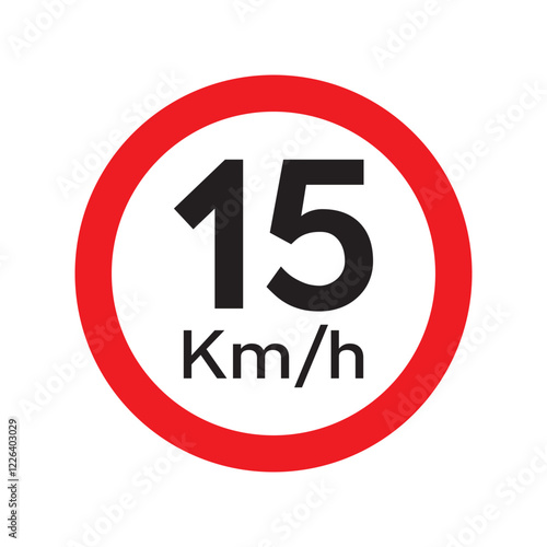 Speed limit 15 KM highway sign. Fifteen kilometers per hour traffic road symbol. Restriction sign for car drivers not to exceed the speed over 15 kilometers per hour. Vector illustration.
