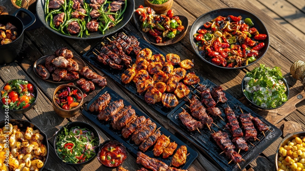 Fototapeta premium Overhead view of a feast of grilled meat and vegetables.