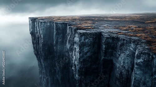 Dramatic cliff edge dramatically drops into misty abyss; moody atmospheric lighting enhances desolate landscape. AI Generated
