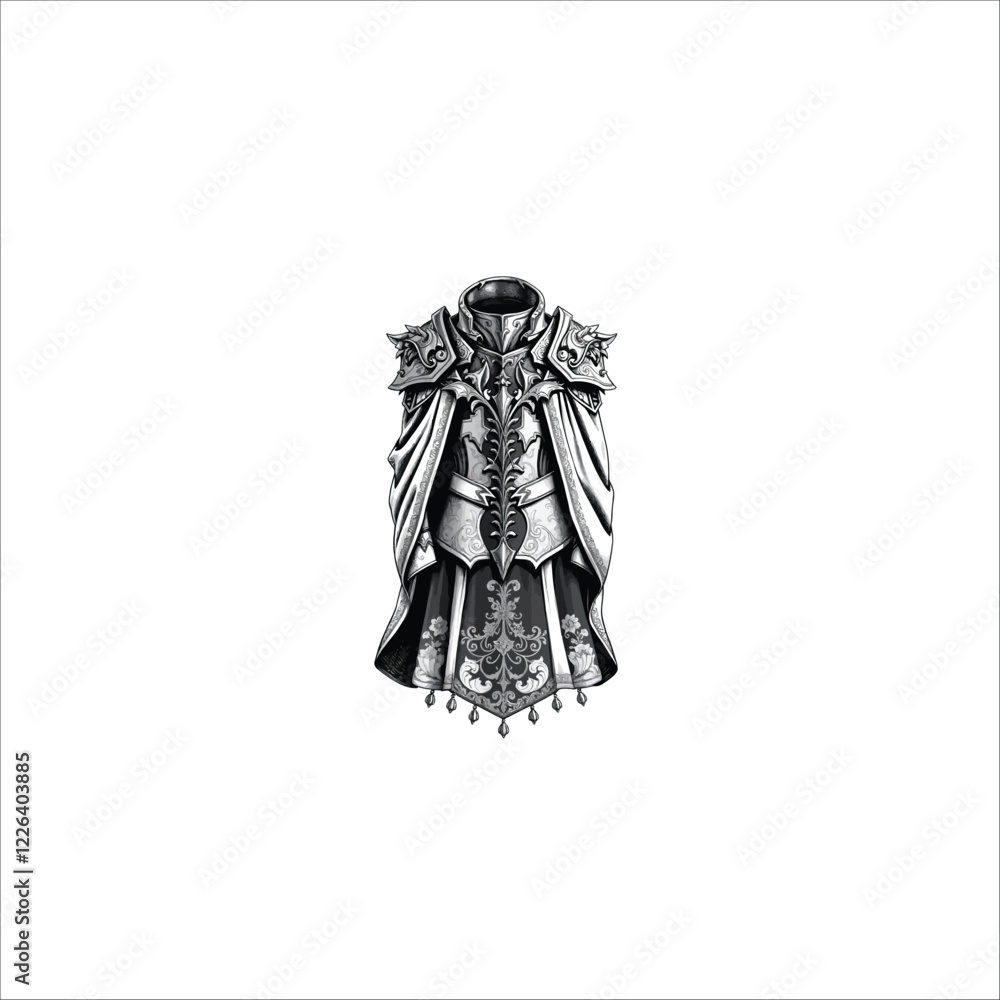 hand drawn balck and white majestic fantasy cloak intricate armor plating hand drawn balck and white majestic fantasy cloak intricate armor plating