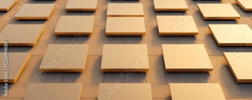 clean energy  solar marketing concept. Uniform arrangement of square tiles with a warm color tone on a sandy surface.