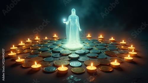 A mystical summoning circle of glowing coins and levitating banknotes pulsates with energy. Flickering candles and a translucent figure enhance its ritualistic power. photo