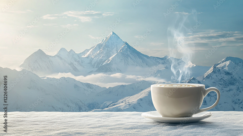 Serene coffee cup with steam in snowy mountains, showcasing tranquility and nature's beauty Serene coffee cup with steam in snowy mountains, showcasing tranquility and nature's beauty