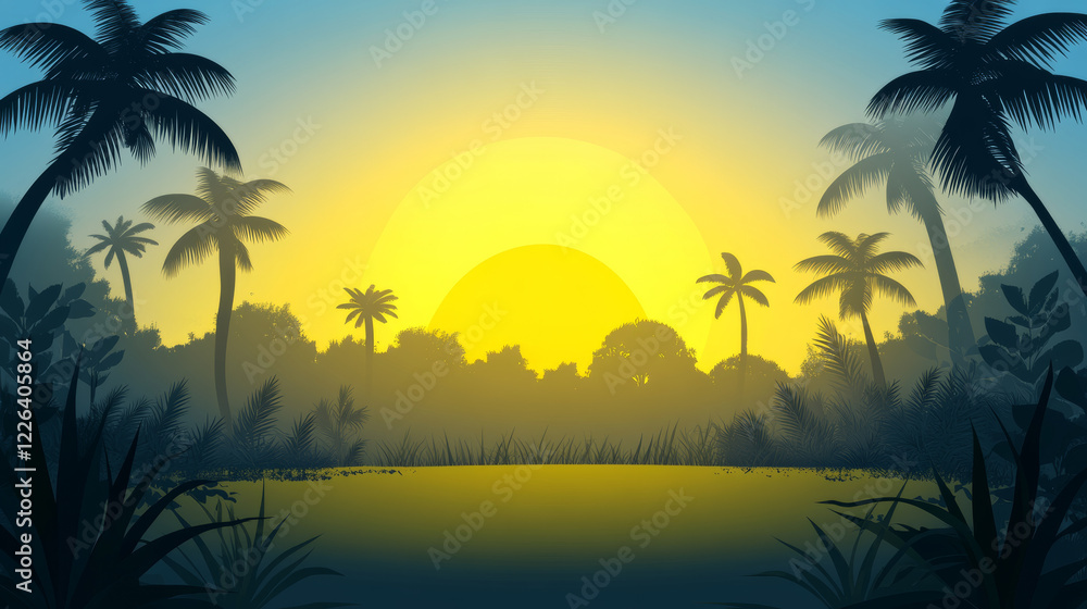 Sunset over tropical landscape with palm trees and vibrant sky Sunset over tropical landscape with palm trees and vibrant sky
