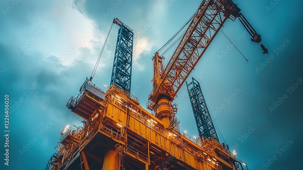 Oil rig crane lifting equipment against a cloudy sky, capturing the scale of the machinery 