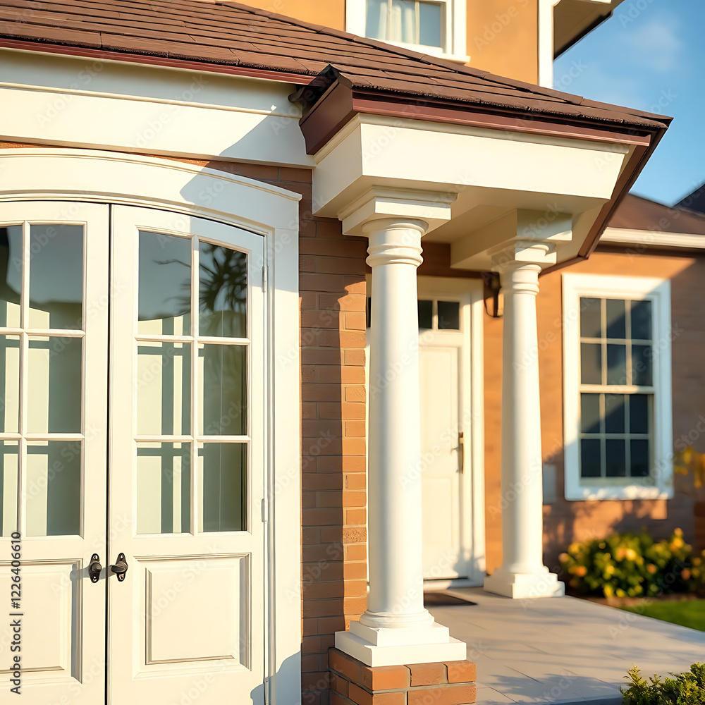 Elegant Home Exterior with Classic Columns and Brick Facade. Luxury Real Estate, Modern Residential Design, Beautiful Home Architecture Elegant Home Exterior with Classic Columns and Brick Facade. Luxury Real Estate, Modern Residential Design, Beautiful Home Architecture