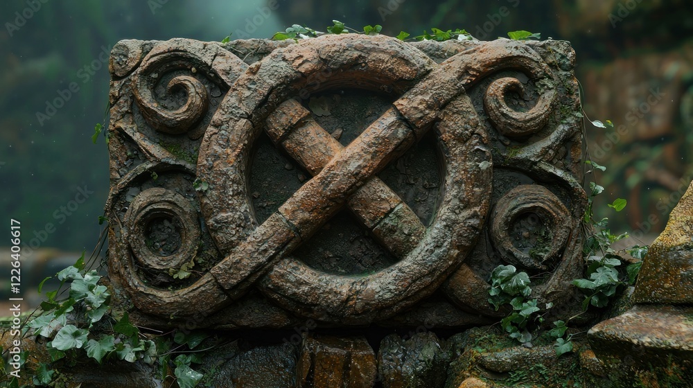 Stone carving with an intricate design featuring a circle, crossing lines, and scrolls. Stone carving with an intricate design featuring a circle, crossing lines, and scrolls.